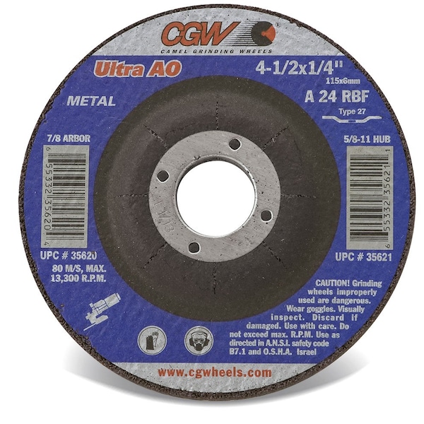 CGW Abrasives 35621 Depressed Center Wheel 4-1/2 X 1/4 X 5/8- 11 INT T27 24 Grit Aluminum Oxide